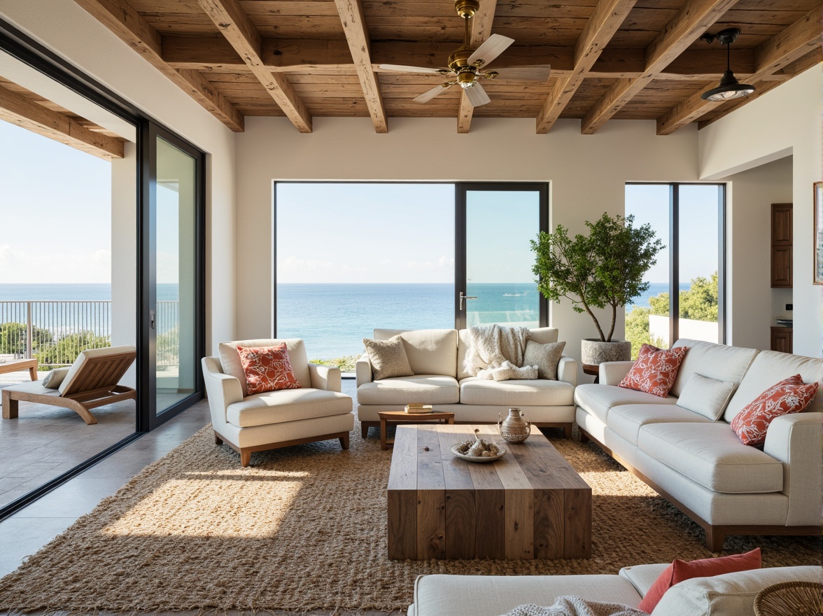 Prompt: Coastal living room, ocean-inspired color palette, driftwood accents, natural textiles, woven sea grass rugs, shell-adorned decorative pieces, floor-to-ceiling windows, sliding glass doors, beachy vibe, soft warm lighting, 1/1 composition, shallow depth of field, realistic wood textures, ambient occlusion, modern minimalist furniture, plush sectional sofas, reclaimed wood coffee tables, nautical-themed artwork, coral-patterned throw pillows, sea salt-scented candles, calming atmosphere.