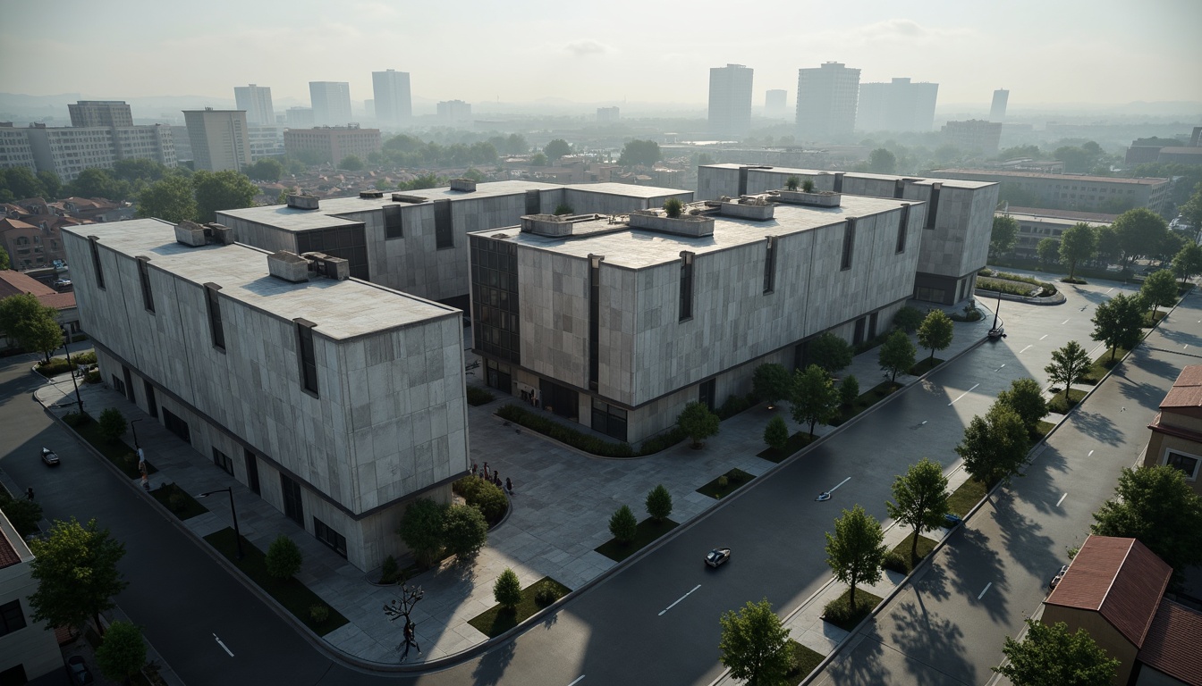 Prompt: Massive distribution center, brutalist architecture, rugged concrete walls, fortress-like structures, angular forms, geometric patterns, industrial materials, exposed ductwork, metallic beams, raw textures, urban landscape, busy streets, cityscape backdrop, dramatic lighting, high contrast shadows, cinematic composition, 1/2 framing, atmospheric fog, realistic rendering.