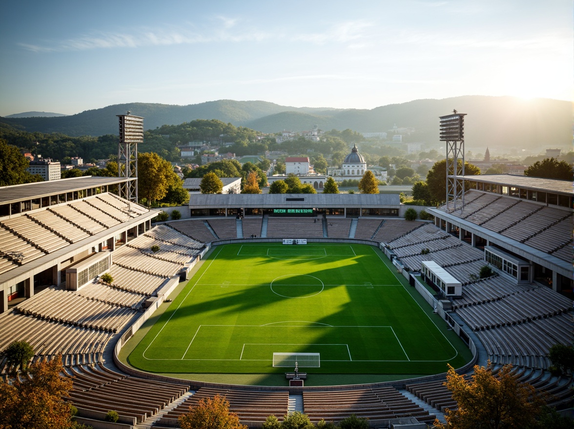 Prompt: Panoramic football stadium, lush green grass, vibrant sports lighting, tiered seating, modern architecture, sleek metal structures, angular lines, minimalist design, natural stone fa\u00e7ades, large windows, glass doors, blooming trees, sunny day, soft warm lighting, shallow depth of field, 3/4 composition, realistic textures, ambient occlusion, rolling hills, scenic vistas, integrated landscape design, eco-friendly materials, sustainable water management systems, rainwater harvesting, green roofs, innovative irrigation technologies, shaded outdoor spaces, misting systems.