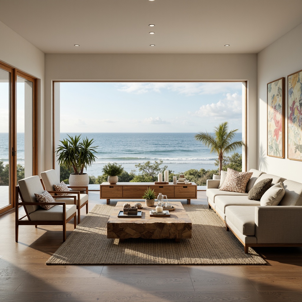 Prompt: Coastal living room, ocean-inspired color palette, driftwood accents, natural textiles, woven sea grass rugs, shell-adorned decorative pieces, floor-to-ceiling windows, sliding glass doors, beachy vibe, soft warm lighting, 1/1 composition, shallow depth of field, realistic wood textures, ambient occlusion, modern minimalist furniture, plush sectional sofas, reclaimed wood coffee tables, nautical-themed artwork, coral-patterned throw pillows, sea salt-scented candles, calming atmosphere.