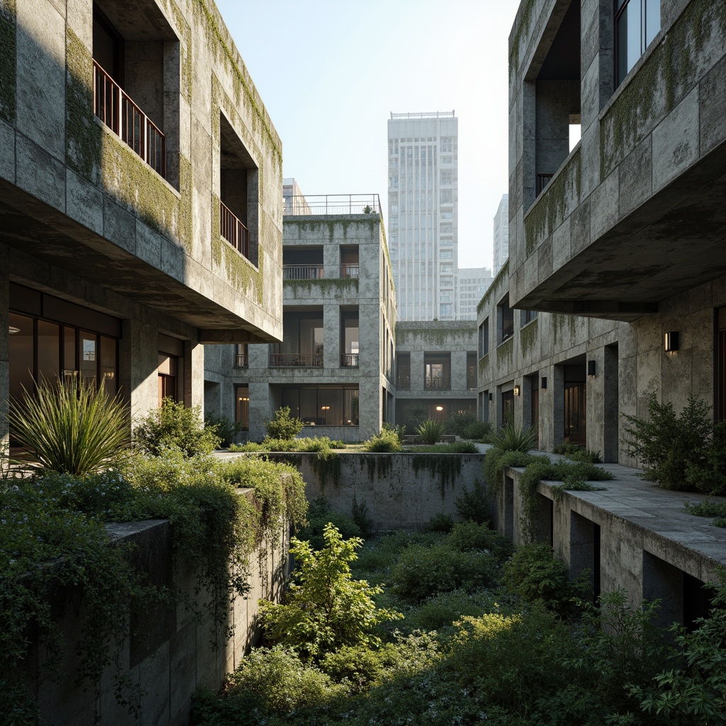 Prompt: Rugged brutalist buildings, raw concrete textures, fortress-like structures, overgrown vegetation, wildflowers, moss-covered walls, weathered steel beams, industrial materials, urban landscape integration, cityscape views, elevated walkways, cantilevered sections, dramatic shadows, harsh natural light, 1/1 composition, symmetrical framing, high-contrast lighting, gritty realistic textures, ambient occlusion.