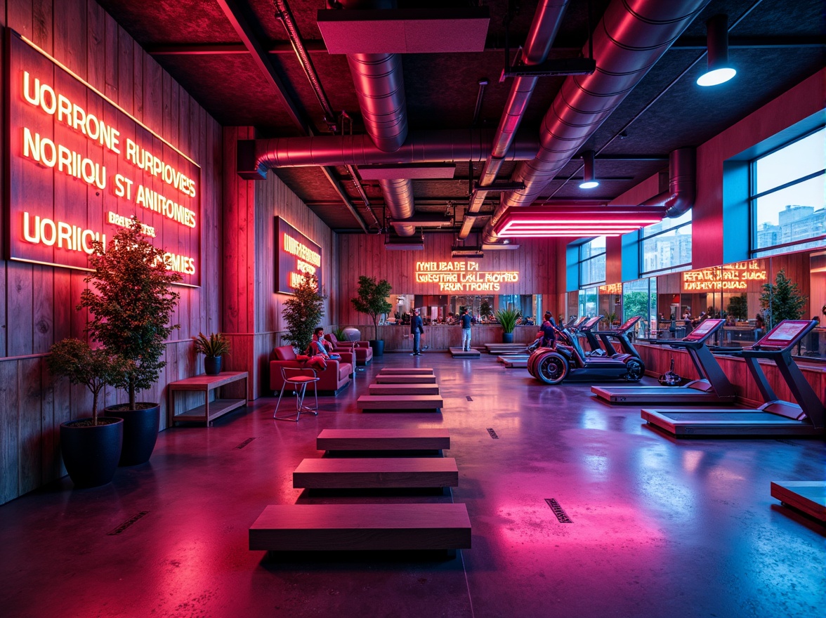 Prompt: Vibrant fitness studio, bold color scheme, energetic atmosphere, neon lights, motivational quotes, modern equipment, sleek metal frames, rubber flooring, mirrored walls, high ceilings, natural light, urban loft design, industrial chic aesthetic, reclaimed wood accents, metallic tones, dynamic lighting effects, fast-paced rhythm, 1/1 composition, shallow depth of field, realistic textures, ambient occlusion.