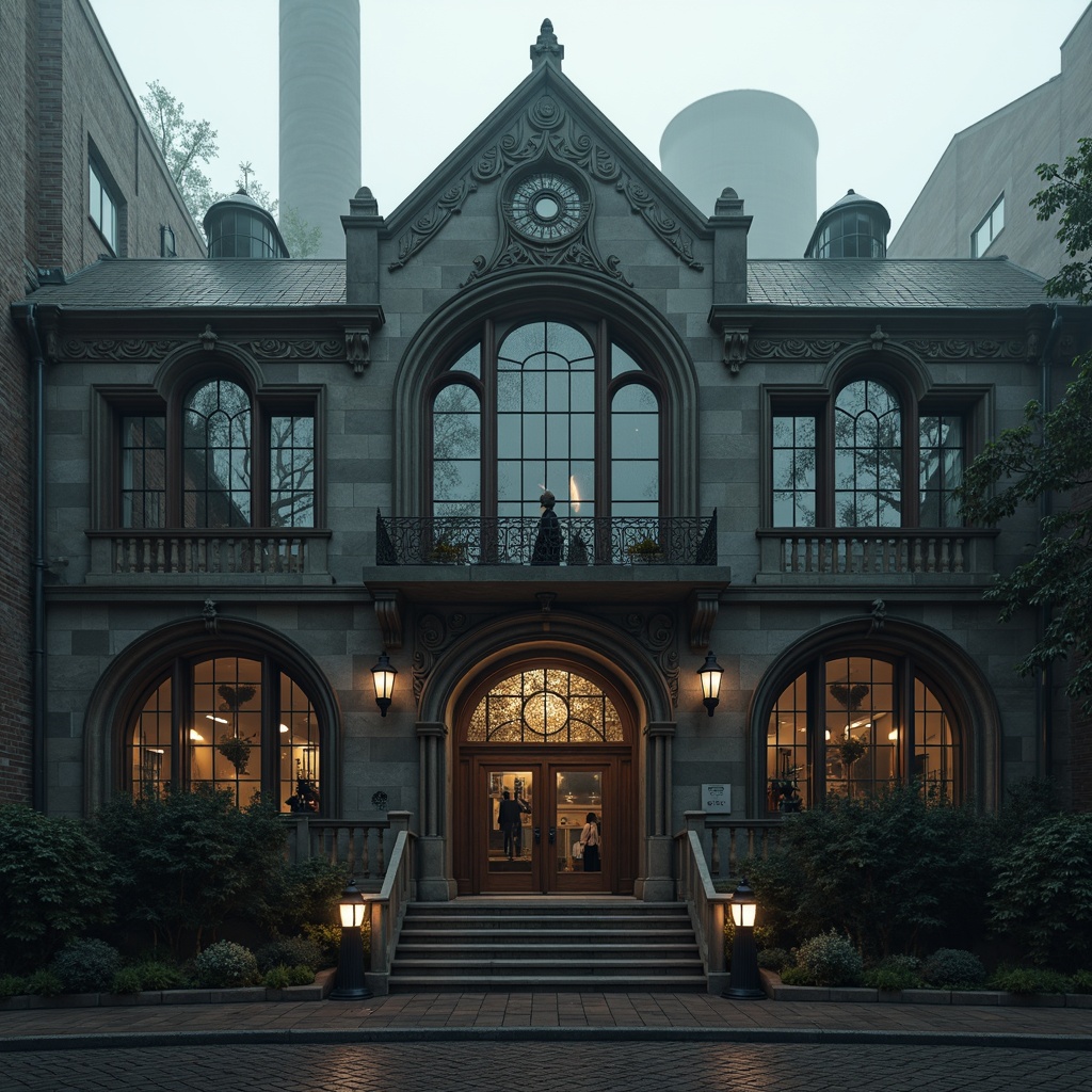 Prompt: Rustic industrial factory, Gothic-inspired facade, intricate stone carvings, pointed arches, ribbed vaults, flying buttresses, grandiose entrance, ornate metalwork, stained glass windows, dramatic lighting, mysterious atmosphere, foggy day, shallow depth of field, 1/1 composition, symmetrical view, realistic textures, ambient occlusion.