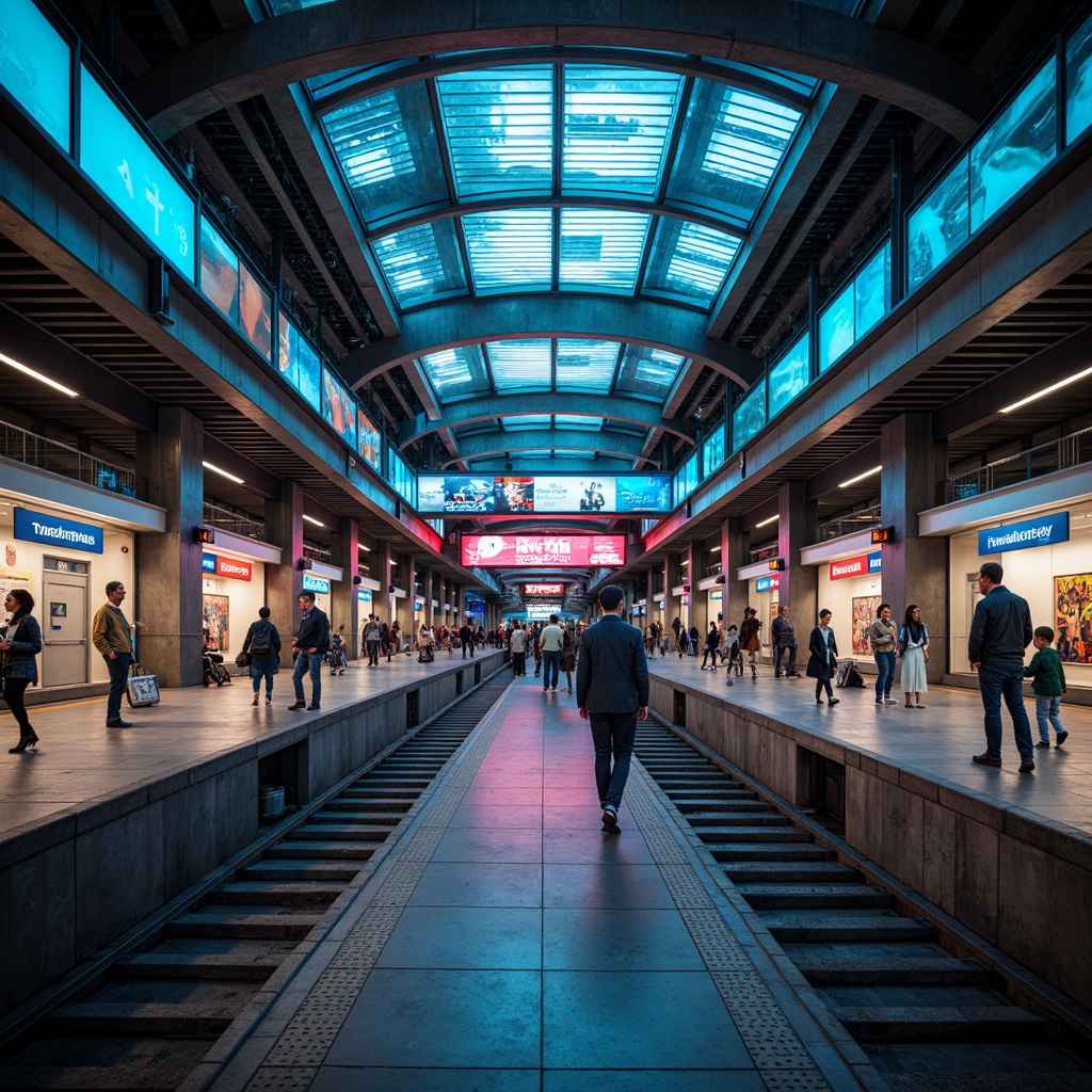 Prompt: Modern metro station, sleek architecture, futuristic design, LED light installations, dynamic color schemes, ambient occlusion, soft warm lighting, shallow depth of field, 3/4 composition, panoramic view, realistic textures, urban cityscape, bustling atmosphere, rush hour crowds, concrete platforms, stainless steel handrails, glass ceilings, intricate tile work, vibrant neon signs, abstract geometric patterns, high-contrast lighting, dramatic shadows, cinematic mood.