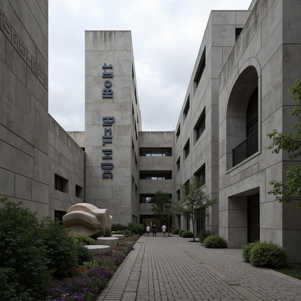 Prompt: Monumental brutalist architecture, rugged concrete textures, fortress-like structures, solemn atmosphere, memorial gardens, abstract sculptures, geometric patterns, bold typography, commemorative plaques, historic significance, overcast skies, dramatic shadows, low-angle photography, cinematic lighting, 1/1 composition, stark contrast, muted color palette, weathered stone walls, imposing scale, introspective ambiance.