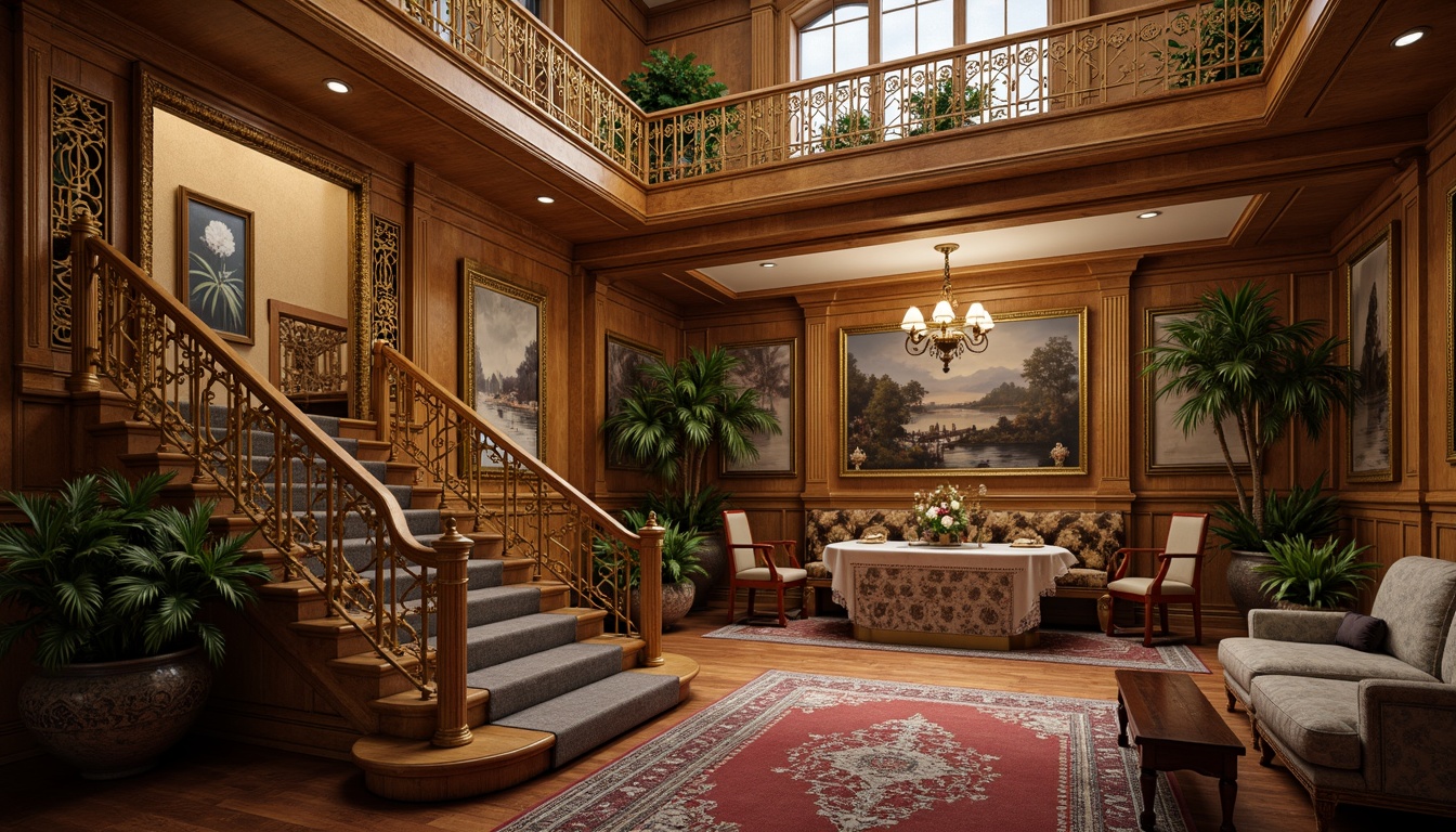 Prompt: Ornate balustrades, grandiose staircases, intricately carved stone railings, gilded metal banisters, ornamental scrollwork, lavish decorations, opulent furnishings, richly patterned rugs, majestic chandeliers, dramatic lighting effects, warm golden tones, highly detailed textures, shallow depth of field, 1/1 composition, realistic rendering.