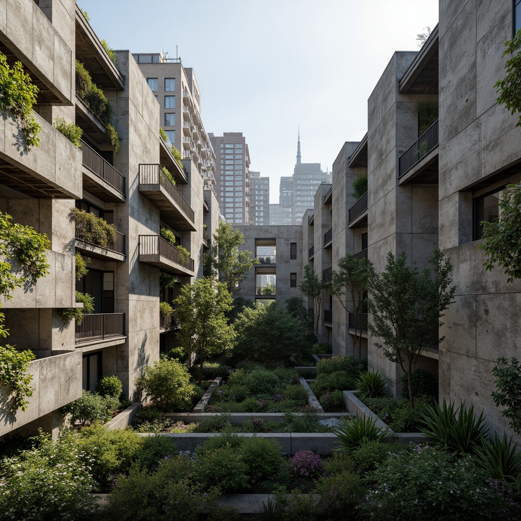 Prompt: Rugged brutalist buildings, raw concrete textures, fortress-like structures, overgrown vegetation, wildflowers, moss-covered walls, weathered steel beams, industrial materials, urban landscape integration, cityscape views, elevated walkways, cantilevered sections, dramatic shadows, harsh natural light, 1/1 composition, symmetrical framing, high-contrast lighting, gritty realistic textures, ambient occlusion.