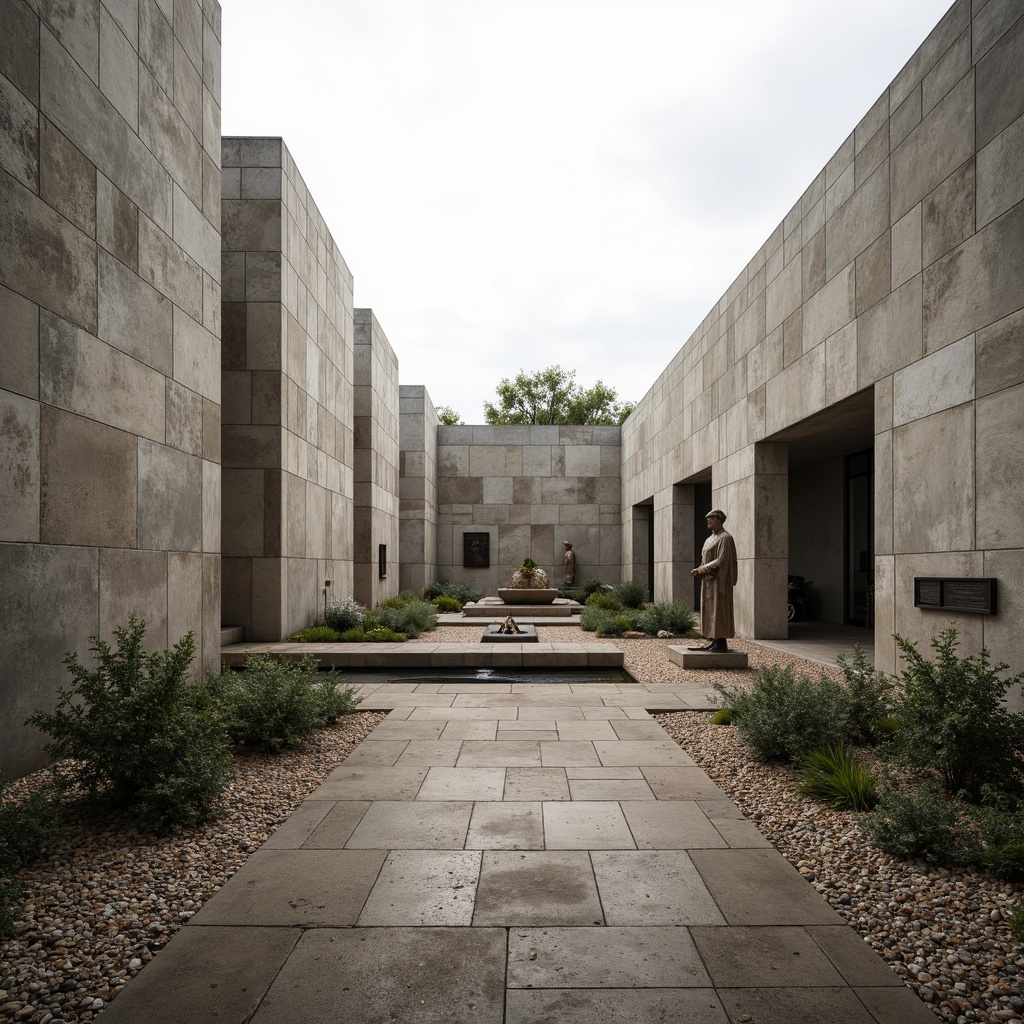 Prompt: Rugged brutalist memorial center, weathered concrete walls, solemn atmosphere, scattered gravel pathways, sparse native vegetation, monumental stone sculptures, abstract geometric shapes, muted earthy tones, overcast skies, dramatic shadows, low-angle photography, symmetrical composition, stark contrast, somber mood, isolated benches, commemorative plaques, subtle water features, natural stone paving, austere architecture, brutalist design principles.