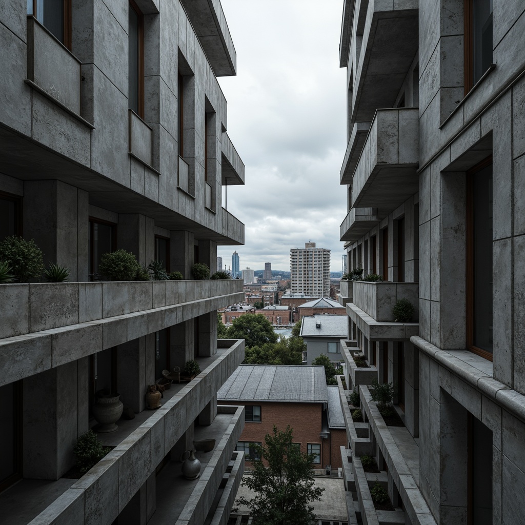 Prompt: Exposed concrete walls, rugged textures, industrial pipes, raw steel beams, minimalist balconies, brutalist architecture, urban cityscape, gloomy overcast sky, dramatic shadows, high-contrast lighting, bold geometric forms, functional simplicity, distressed finishes, poured-in-place concrete, cold monochromatic color palette, 1/1 composition, low-angle shot, cinematic atmosphere, gritty realistic textures.