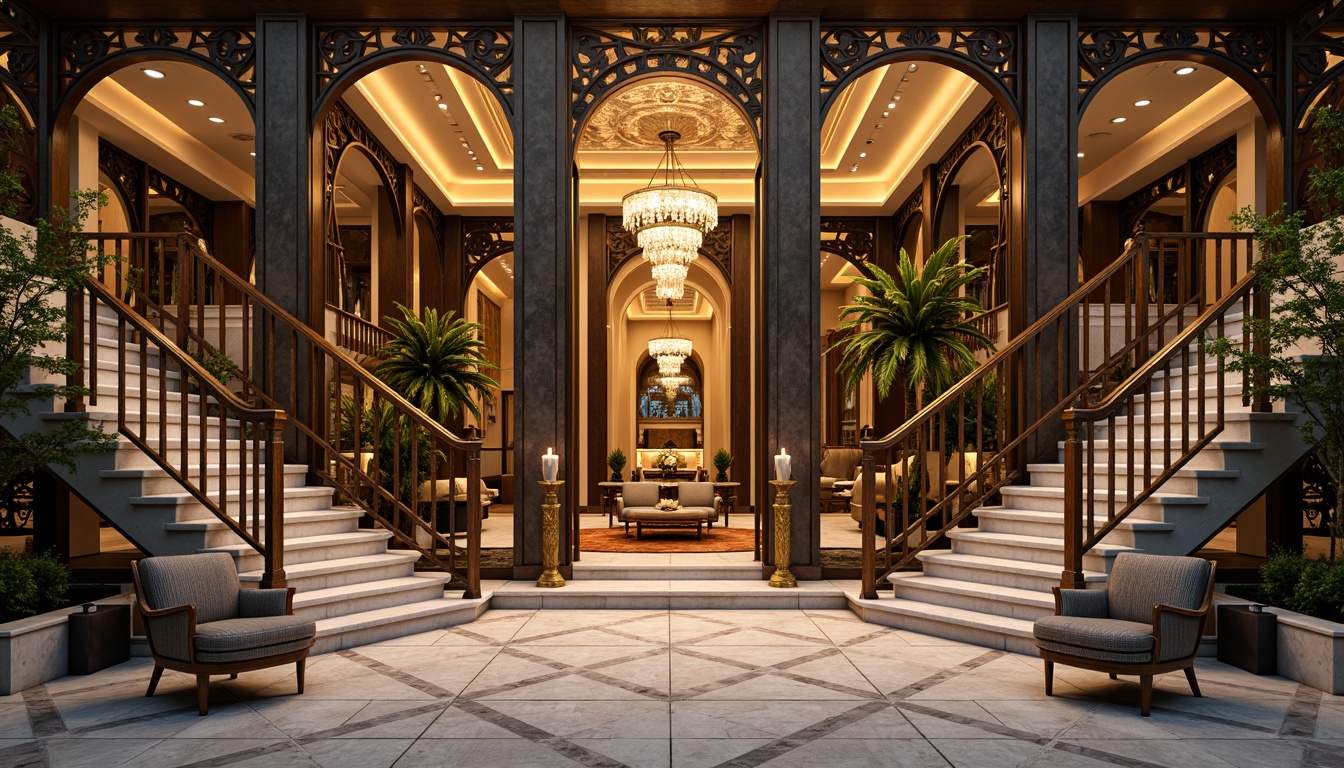 Prompt: Luxurious villa, symmetrical facade, geometric patterns, ornate metalwork, lavish decorations, opulent furnishings, grand entrance, sweeping staircases, elegant chandeliers, rich textiles, bold color schemes, metallic accents, reflective surfaces, precise lines, balanced composition, 1/1 aspect ratio, central axis, radial symmetry, harmonious proportions, sophisticated ambiance, warm golden lighting, soft focus, shallow depth of field.