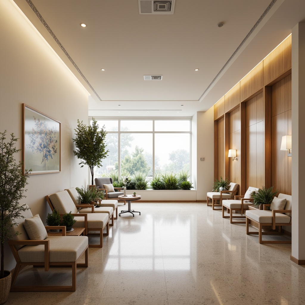 Prompt: Calming healthcare interior, soothing color palette, natural wood accents, comfortable seating areas, gentle lighting, acoustic panels, minimalist decor, medical equipment integration, ergonomic furniture design, quiet waiting rooms, private consultation spaces, calming artwork, serene ambiance, warm neutral tones, soft carpeting, subtle textures, functional storage solutions, efficient circulation paths, clear signage, accessible layouts, wheelchair-friendly facilities, natural ventilation systems, air purification technologies, calming scents, 1/1 composition, shallow depth of field, realistic renderings.