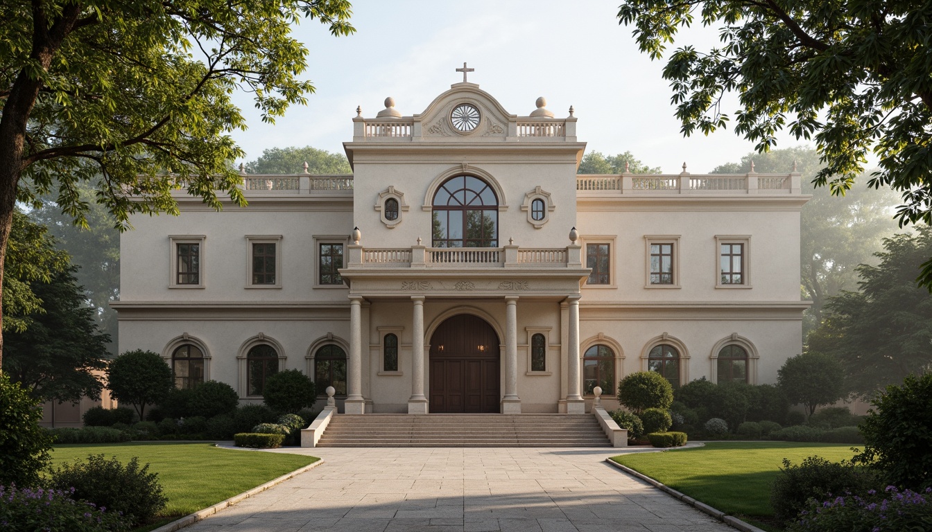 Prompt: Elegant monastery facade, neoclassical architecture style, symmetrical composition, ornate stone carvings, grand entrance arches, Corinthian columns, rusticated base, arched windows, stained glass details, intricate moldings, subtle color palette, soft natural lighting, serene atmosphere, peaceful courtyard, lush greenery, ancient trees, misty morning, shallow depth of field, 1/1 composition, realistic textures, ambient occlusion.