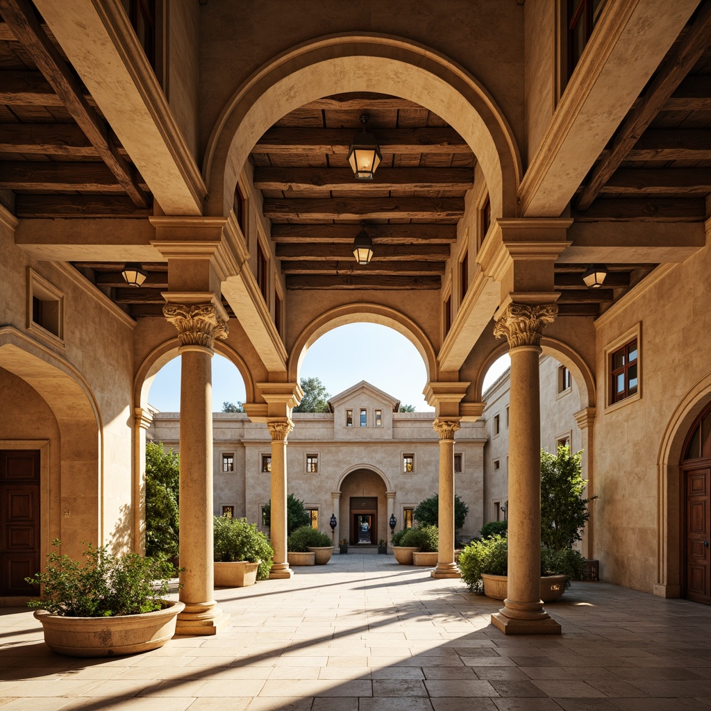 Prompt: Elegant monastery facade, neoclassical columns, ornate stone carvings, grand entrance archways, symmetrical composition, soft golden lighting, warm beige stonework, subtle texture details, intricate fresco patterns, vaulted ceilings, stained glass windows, rustic wooden doors, serene courtyard, lush greenery, peaceful atmosphere, shallow depth of field, 1/1 composition, realistic textures, ambient occlusion.