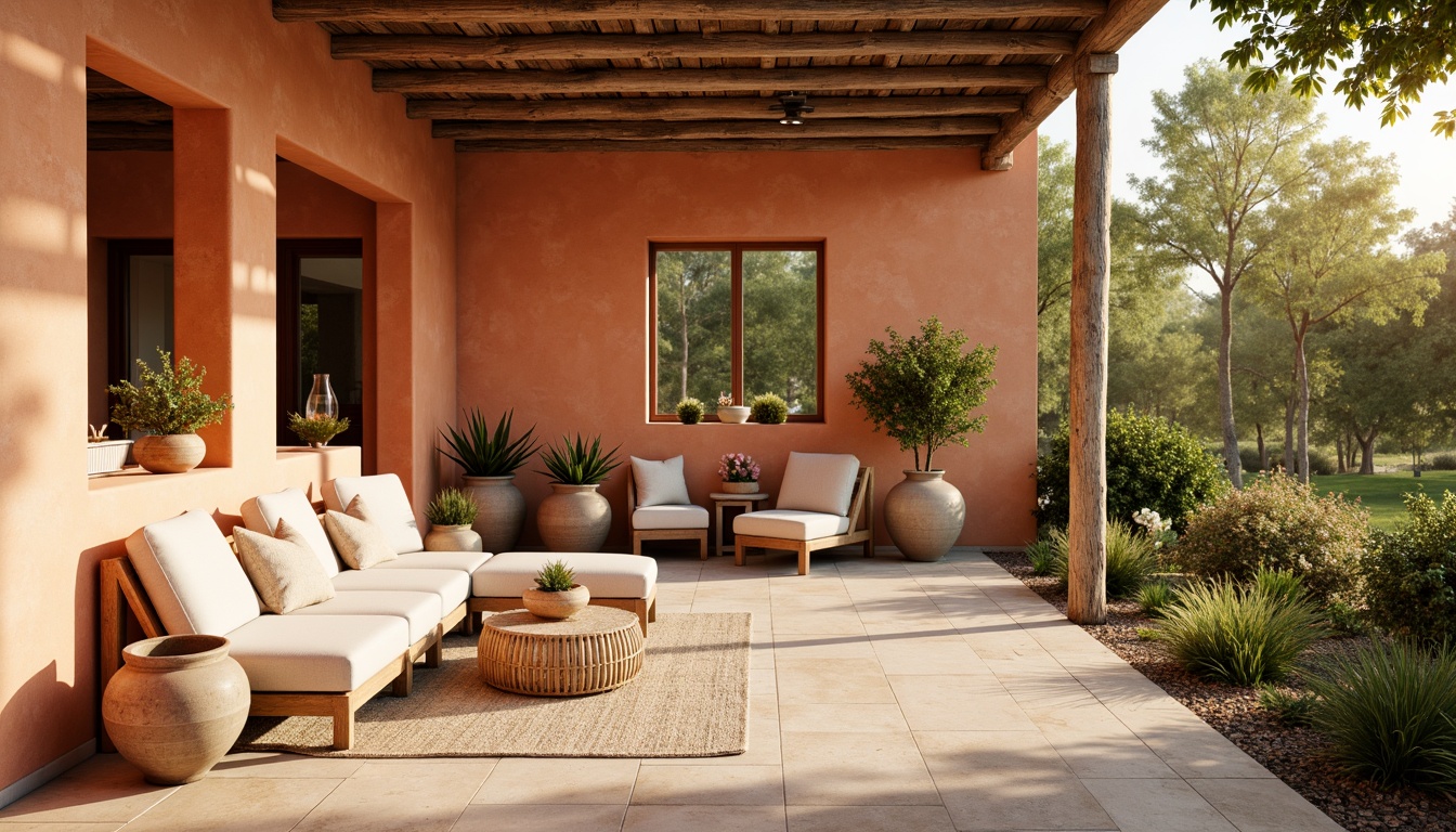 Prompt: Warm apricot hues, soft peach undertones, creamy beige accents, rustic terracotta walls, natural stone flooring, earthy ceramic vases, woven rattan furniture, lush greenery, blooming flowers, sunny afternoon, warm golden lighting, shallow depth of field, 3/4 composition, panoramic view, realistic textures, ambient occlusion.