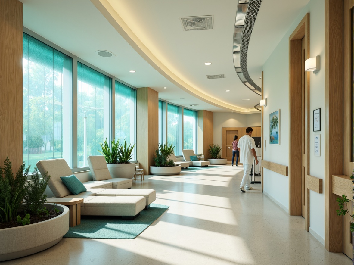 Prompt: \Sleek hospital corridors, polished chrome accents, calming blue-green color scheme, soft cream walls, warm beige floors, natural wood tones, minimalist furniture, curved lines, rounded edges, ample natural light, floor-to-ceiling windows, subtle texture overlays, gentle ambient lighting, shallow depth of field, 1/1 composition, realistic reflections, modern medical equipment, futuristic diagnostic tools, sterile white surfaces, calming nature-inspired artwork, soothing soundscapes.\