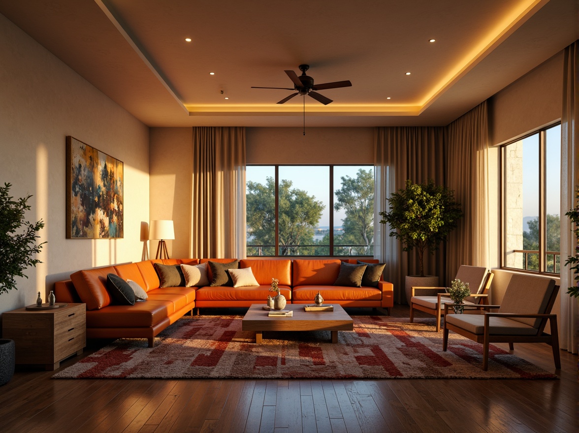 Prompt: Cozy living room, warm ambient lighting, soft glow, table lamps, floor lamps, pendant lights, LED strips, recessed lighting, cove lighting, natural materials, wooden accents, plush furniture, vibrant colors, textured rugs, modern minimalist decor, large windows, sheer curtains, sunny day, gentle shadows, 1/1 composition, realistic reflections, subtle color grading.