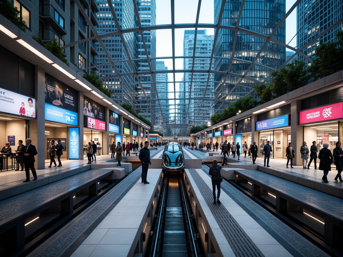 Prompt: Futuristic metro station, sleek metallic fa\u00e7ade, neon-lit signage, holographic advertisements, elevated walkways, transparent glass roofs, spacious interior platforms, advanced ticketing systems, high-speed trains, modern urban planning, integrated public transportation hub, bustling cityscape, towering skyscrapers, vibrant LED lighting, dynamic pedestrian flow, efficient crowd management, sustainable energy harvesting, green walls, futuristic architecture, 3/4 composition, shallow depth of field, panoramic view, realistic textures, ambient occlusion.