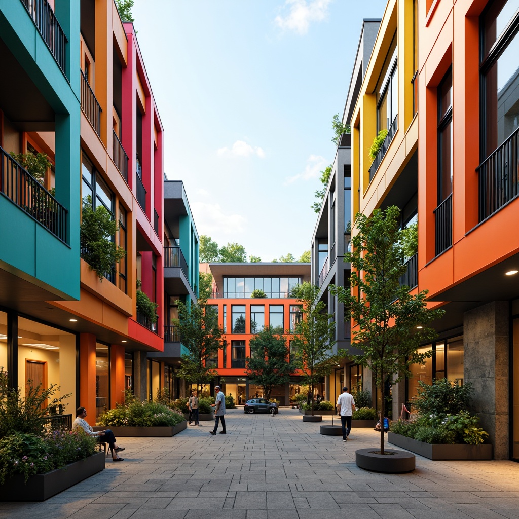 Prompt: Vibrant community center, modern social housing, bold colorful facades, geometric patterns, angular balconies, cantilevered roofs, sustainable materials, green walls, vertical gardens, natural ventilation systems, large windows, sliding glass doors, cozy outdoor spaces, warm ambient lighting, shallow depth of field, 1/1 composition, realistic textures, ambient occlusion.