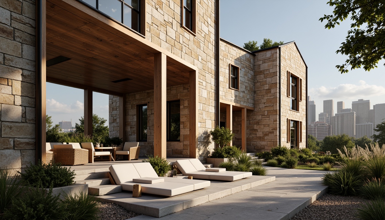 Prompt: Rough stone walls, rustic brick facades, wooden accents, natural wood grain, earthy tones, organic forms, irregular shapes, tactile experiences, 3D modeling, realistic renderings, ambient occlusion, soft warm lighting, shallow depth of field, 2/3 composition, modern architecture, sustainable design, eco-friendly materials, green roofs, living walls, urban landscapes, city skylines, industrial heritage, converted warehouses.