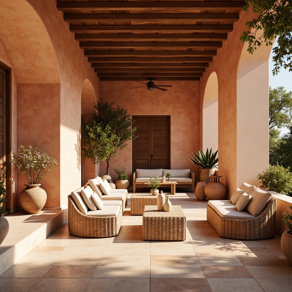 Prompt: Warm apricot hues, soft peach undertones, creamy beige accents, rustic terracotta walls, natural stone flooring, earthy ceramic vases, woven rattan furniture, lush greenery, blooming flowers, sunny afternoon, warm golden lighting, shallow depth of field, 3/4 composition, panoramic view, realistic textures, ambient occlusion.