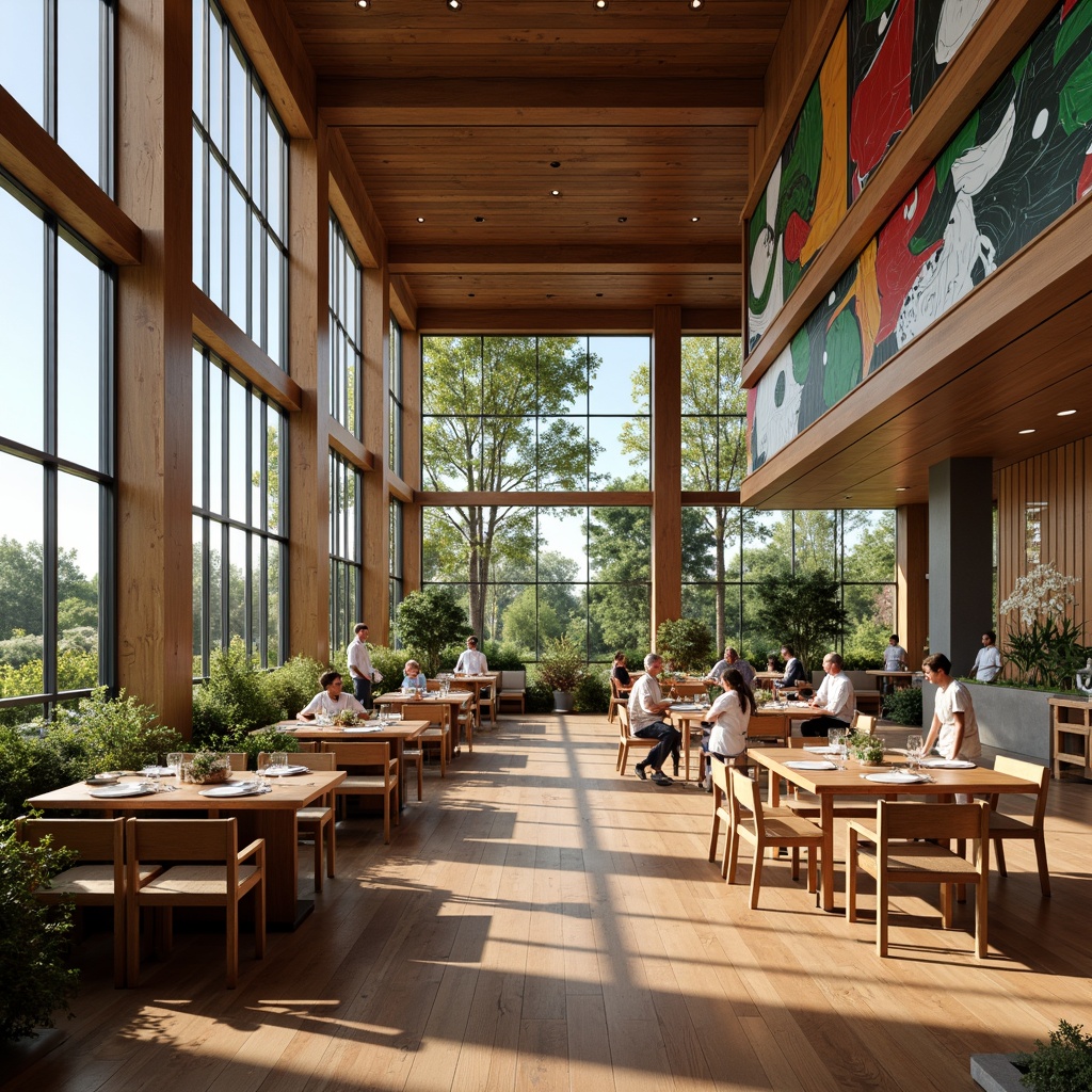 Prompt: Minimalist dining hall, open floor plan, high ceilings, large windows, natural light, sleek wooden floors, modern furniture, geometric patterns, abstract artwork, international style decor, cultural fusion elements, vibrant color accents, ambient lighting, shallow depth of field, 1/1 composition, panoramic view, realistic textures, soft warm glow.