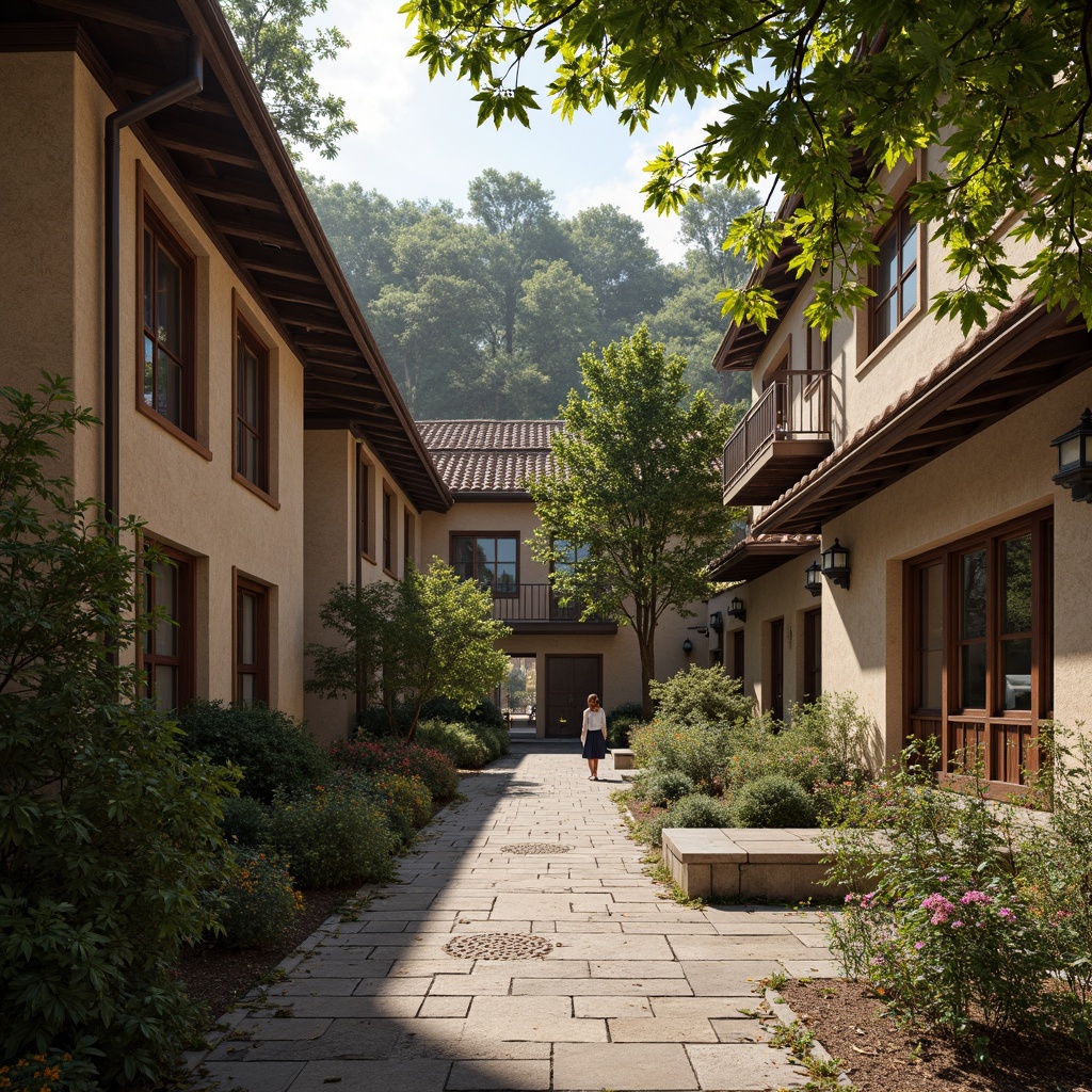 Prompt: Rustic university campus, regionalism style architecture, local materials, reclaimed wood accents, natural stone walls, earthy color palette, traditional roof tiles, ornate wooden doors, vintage lanterns, lush greenery, mature trees, serene atmosphere, warm soft lighting, shallow depth of field, 3/4 composition, panoramic view, realistic textures, ambient occlusion.