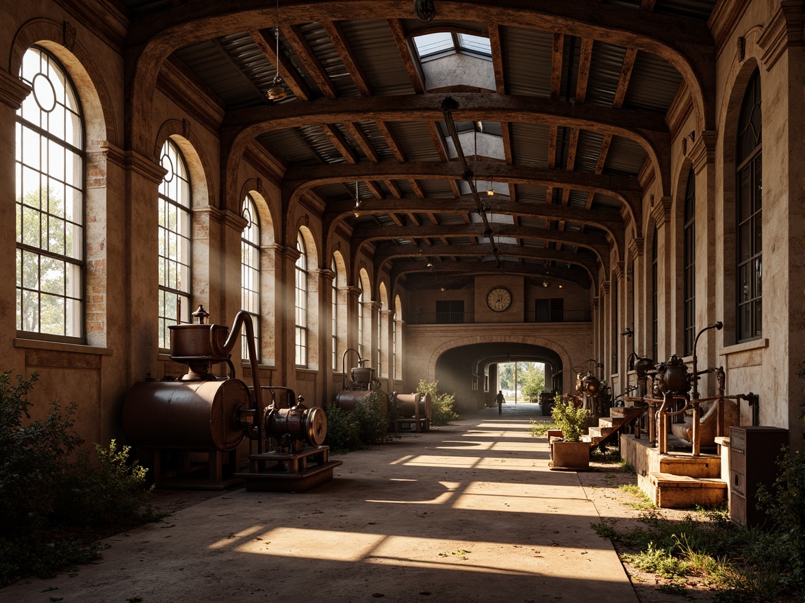 Prompt: Rustic industrial factory, Romanesque fa\u00e7ade, arched windows, ornate stone carvings, distressed brick walls, metal cladding, corrugated roofing, vintage machinery, exposed ductwork, reclaimed wood accents, earthy color palette, warm golden lighting, dramatic shadows, 1/2 composition, low-angle shot, cinematic atmosphere, realistic weathering effects.