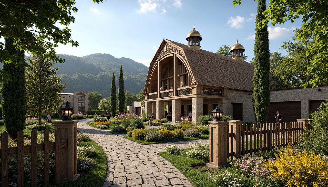 Prompt: Rustic barn, Byzantine architectural style, ornate stone carvings, golden domes, lush greenery, vibrant flowers, meandering pathways, natural stone walkways, rustic wooden fences, vintage metal gates, lantern-style lighting, warm soft glow, shallow depth of field, 3/4 composition, panoramic view, realistic textures, ambient occlusion, rolling hills, serene countryside, sunny day, clear blue sky.