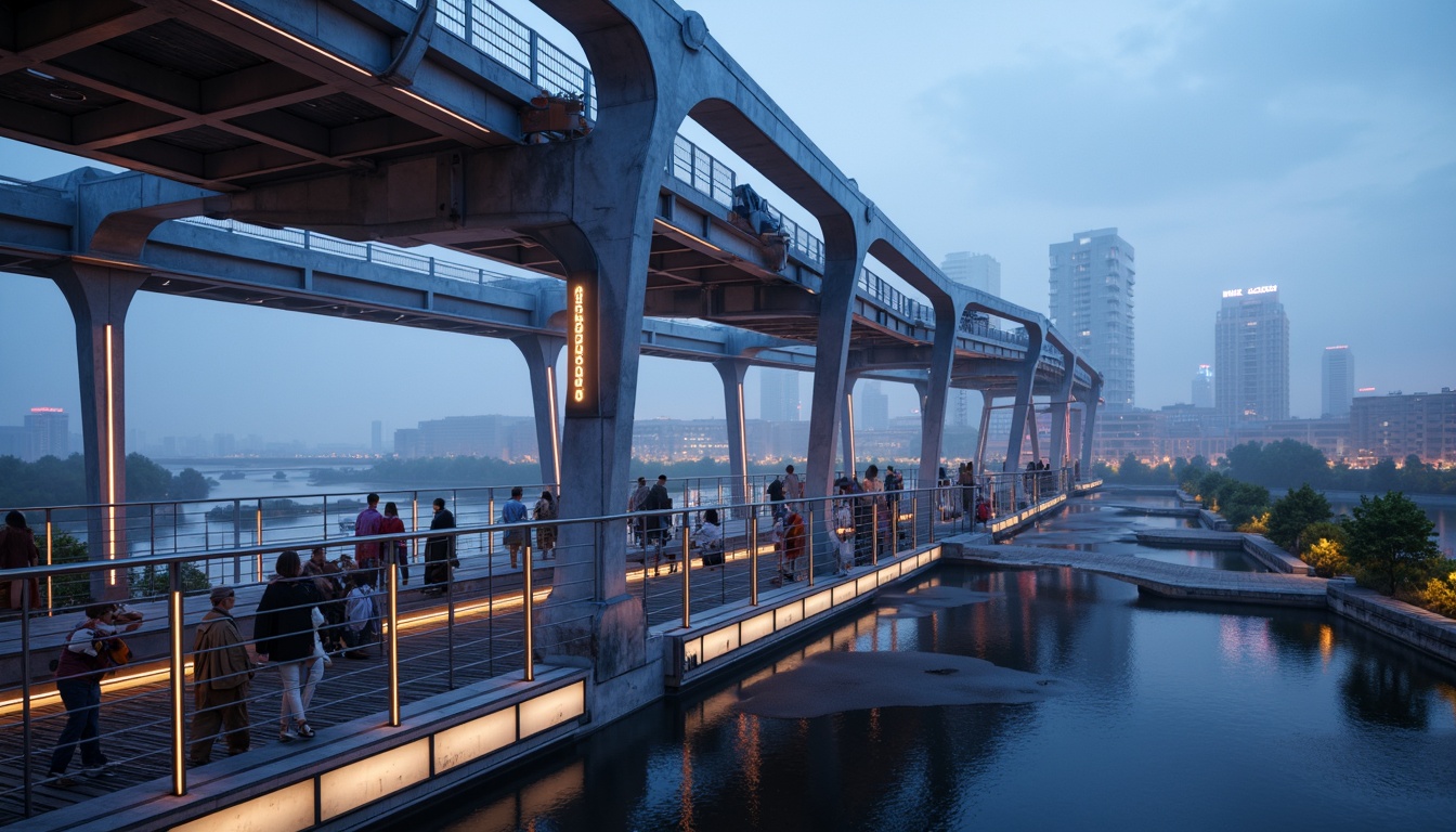 Prompt: Futuristic bridge design, metallic structures, iridescent materials, reflective surfaces, neon-lit accents, glowing lines, sleek curves, minimalist railings, modern urban landscape, cityscape at dusk, vibrant nightlife, misty atmosphere, shallow depth of field, 3/4 composition, panoramic view, realistic textures, ambient occlusion.