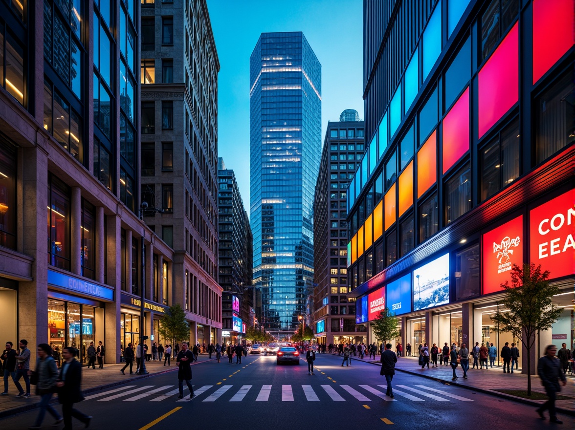 Prompt: Vibrant cityscape, modern skyscrapers, bold color blocking, contrasting hues, neon lights, urban landscape, bustling streets, pedestrian walkways, dynamic architecture, geometric patterns, metallic accents, glass facades, LED installations, futuristic ambiance, high-contrast lighting, dramatic shadows, 1/1 composition, low-angle shot, cinematic mood, realistic reflections.