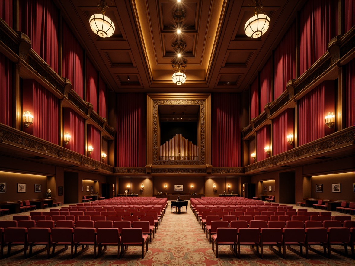 Prompt: Intimate concert hall, rich wood tones, velvet curtains, plush seating, ornate chandeliers, grand pianos, sound-absorbing panels, acoustic diffusers, resonant frequencies, precise speaker placement, optimized room dimensions, reflective surfaces, warm ambient lighting, shallow depth of field, 2/3 composition, realistic textures, subtle color palette.