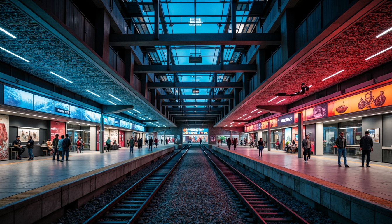 Prompt: Modern metro station, sleek architecture, futuristic design, LED light installations, dynamic color schemes, ambient occlusion, soft warm lighting, shallow depth of field, 3/4 composition, panoramic view, realistic textures, urban cityscape, bustling atmosphere, rush hour crowds, concrete platforms, stainless steel handrails, glass ceilings, intricate tile work, vibrant neon signs, abstract geometric patterns, high-contrast lighting, dramatic shadows, cinematic mood.