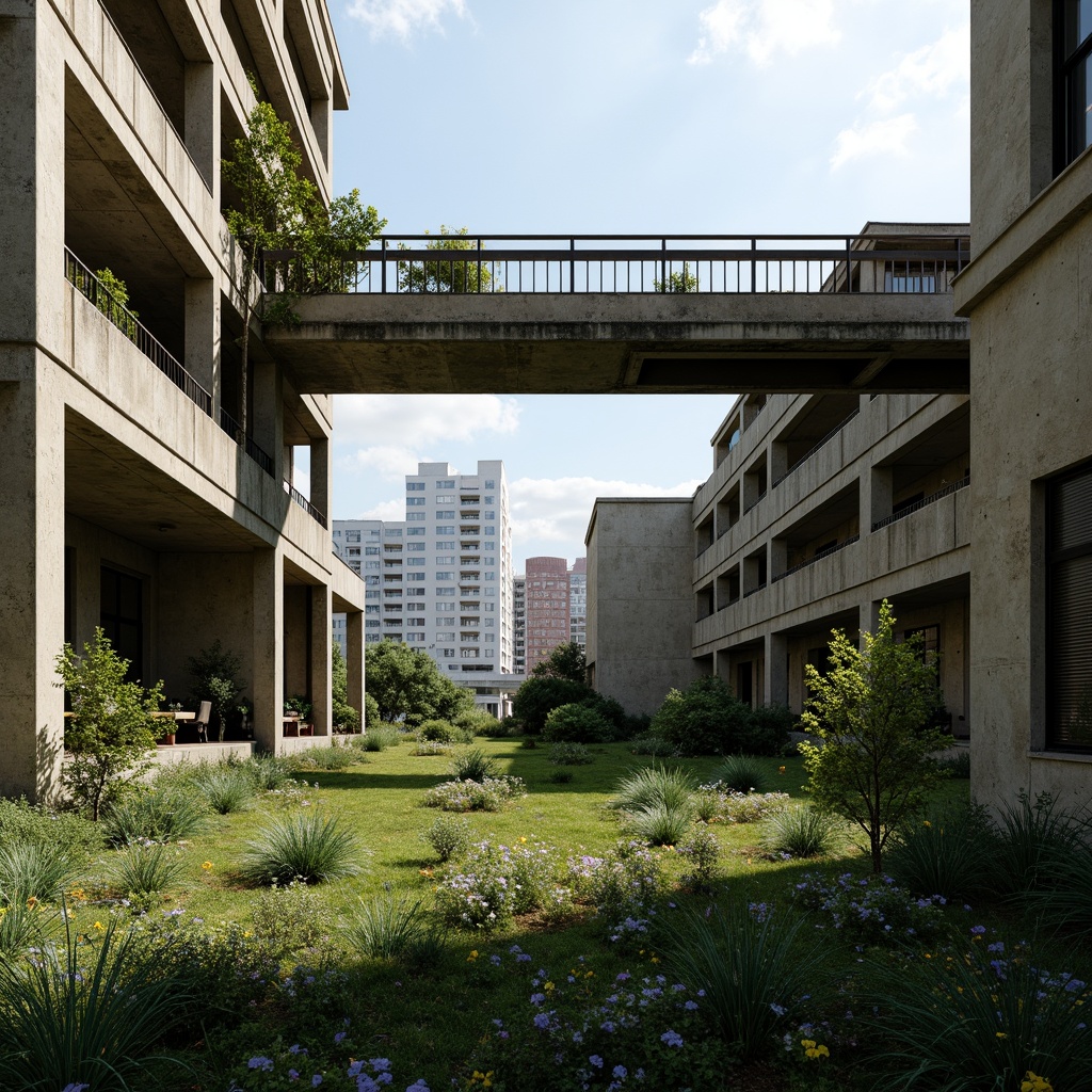 Prompt: Rugged brutalist buildings, raw concrete textures, fortress-like structures, overgrown vegetation, wildflowers, moss-covered walls, weathered steel beams, industrial materials, urban landscape integration, cityscape views, elevated walkways, cantilevered sections, dramatic shadows, harsh natural light, 1/1 composition, symmetrical framing, high-contrast lighting, gritty realistic textures, ambient occlusion.