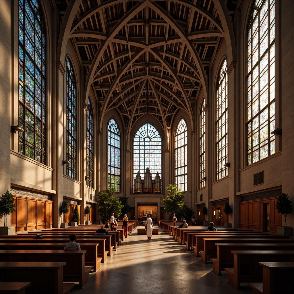 Prompt: Intricate stained glass windows, symmetrical arches, ornate vaulted ceilings, grandiose pipe organs, minimalist pews, sacred altars, geometric patterns, constructivist architecture, brutalist concrete structures, abstract sculptures, vibrant colorful mosaics, dramatic lighting effects, high contrast shadows, 1/1 composition, low-angle shot, warm golden hour lighting, realistic textures, ambient occlusion.