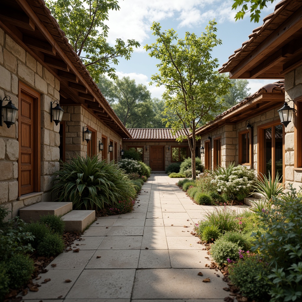 Prompt: Rustic university campus, regionalism style architecture, local materials, reclaimed wood accents, natural stone walls, earthy color palette, traditional roof tiles, ornate wooden doors, vintage lanterns, lush greenery, mature trees, serene atmosphere, warm soft lighting, shallow depth of field, 3/4 composition, panoramic view, realistic textures, ambient occlusion.