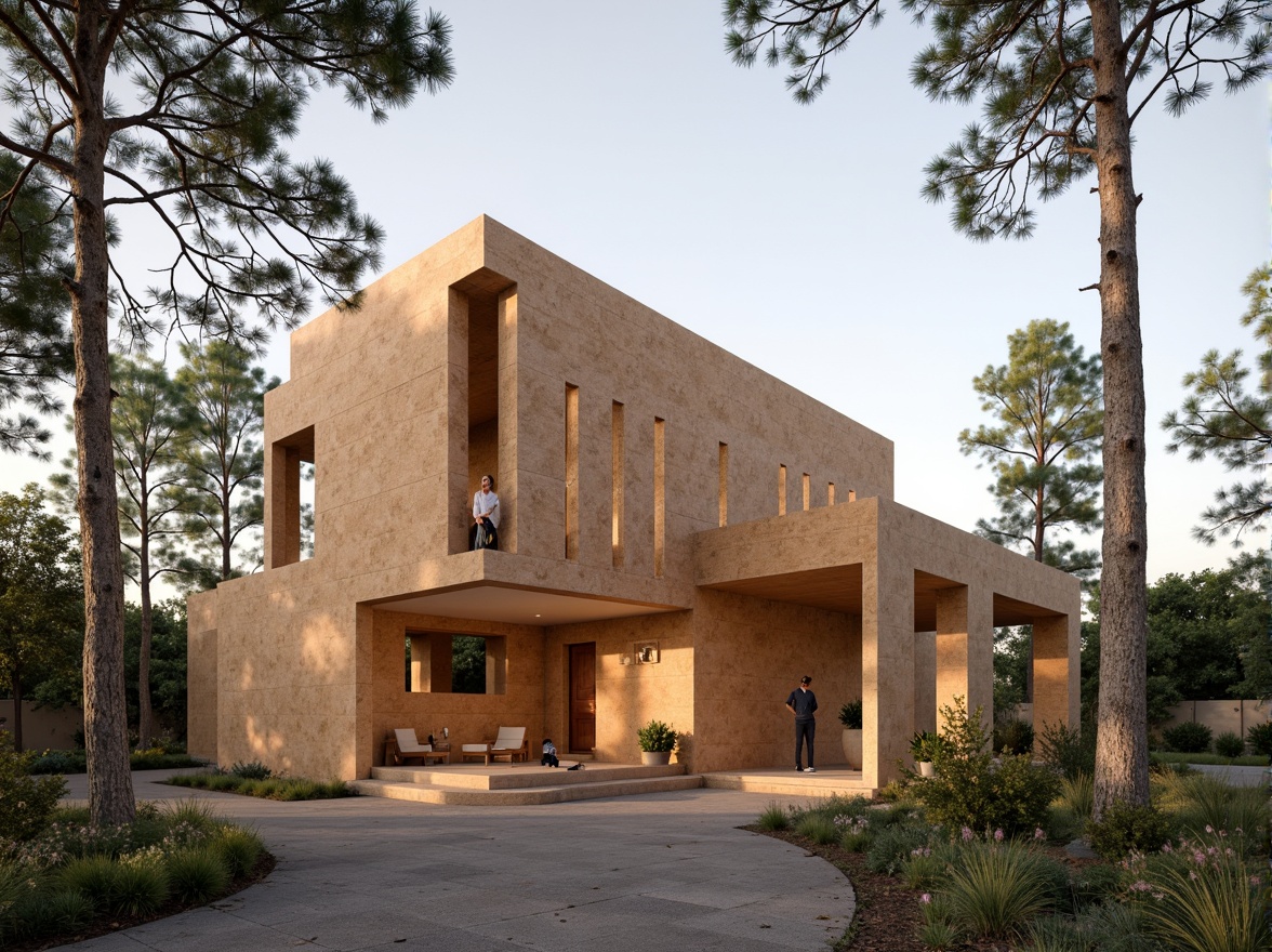 Prompt: Rustic constructivist church, cork exterior cladding, earthy tones, natural textures, geometric shapes, minimalist design, modernist architecture, sustainable building materials, eco-friendly construction, warm ambient lighting, soft diffused shadows, 1/1 composition, realistic renderings, subtle color palette, serene atmosphere, peaceful ambiance, spiritual context.