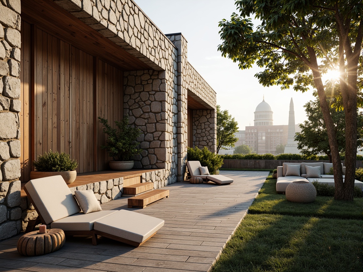 Prompt: Rough stone walls, rustic brick facades, wooden accents, natural wood grain, earthy tones, organic forms, irregular shapes, tactile experiences, 3D modeling, realistic renderings, ambient occlusion, soft warm lighting, shallow depth of field, 2/3 composition, modern architecture, sustainable design, eco-friendly materials, green roofs, living walls, urban landscapes, city skylines, industrial heritage, converted warehouses.