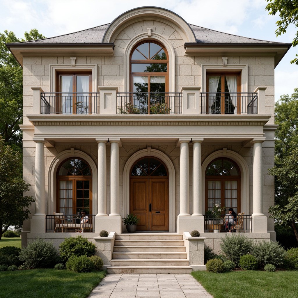 Prompt: Elegant classicism house facade, ornate columns, symmetrical composition, grand entrance, carved wooden doors, decorative pediments, rustic stone walls, arched windows, ornamental balconies, intricate moldings, subtle color palette, soft natural lighting, shallow depth of field, 1/1 composition, realistic textures, ambient occlusion.