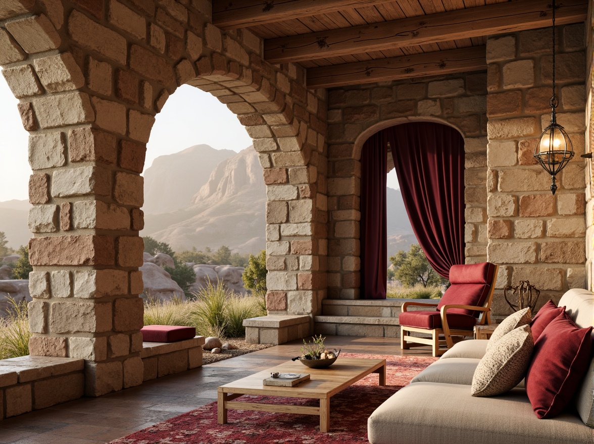 Prompt: Rustic sandstone walls, burgundy accent stones, earthy tones, natural textures, rugged landscape, desert flora, warm sunny day, soft diffused lighting, shallow depth of field, 1/2 composition, realistic rock formations, ambient occlusion, intricate stone carvings, ornate metal details, luxurious velvet fabrics, rich wood furnishings, cozy intimate spaces, dramatic color contrast.