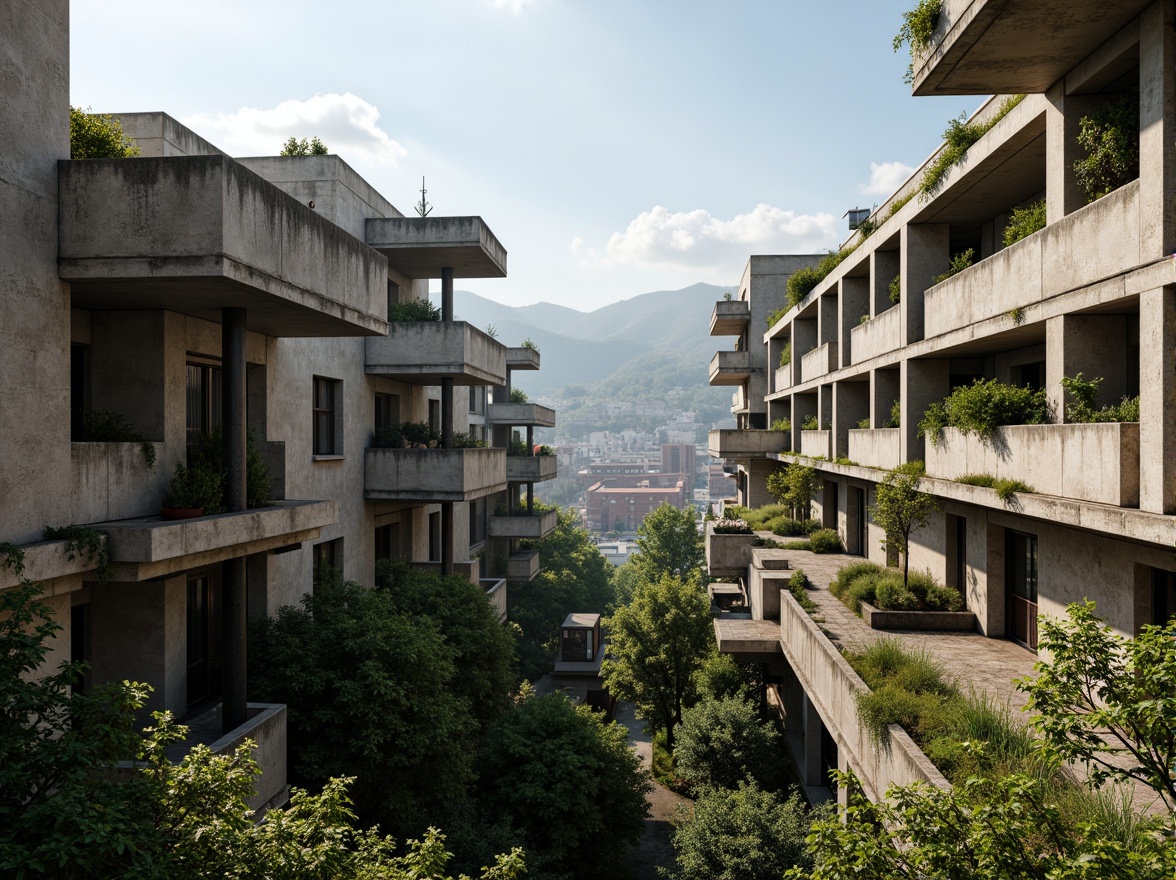 Prompt: Rugged brutalist buildings, raw concrete textures, fortress-like structures, overgrown vegetation, wildflowers, moss-covered walls, weathered steel beams, industrial materials, urban landscape integration, cityscape views, elevated walkways, cantilevered sections, dramatic shadows, harsh natural light, 1/1 composition, symmetrical framing, high-contrast lighting, gritty realistic textures, ambient occlusion.