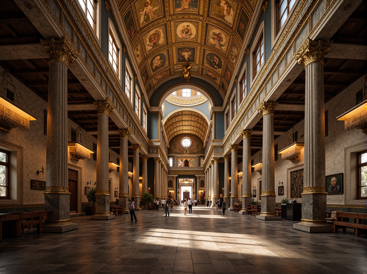 Prompt: Majestic Byzantine church, ornate columns, intricately carved capitals, golden mosaics, vaulted ceilings, grand arches, marble floors, ornamental frescoes, sacred icons, mystical ambiance, soft warm lighting, shallow depth of field, 3/4 composition, panoramic view, realistic textures, ambient occlusion.