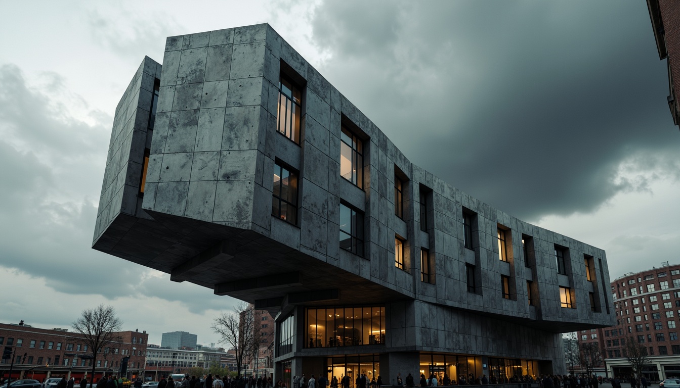 Prompt: Geometric constructivist building, angular metal fa\u00e7ade, bold cantilevered structures, industrial materials, exposed ductwork, urban cityscape, cloudy grey sky, dramatic lighting, deep shadows, 3/4 composition, low-angle shot, gritty textures, atmospheric mist, brutalist architecture, raw concrete walls, steel beams, minimalist windows, abstract patterns, futuristic vibe, high-tech gadgets, neon lights, dynamic reflections.