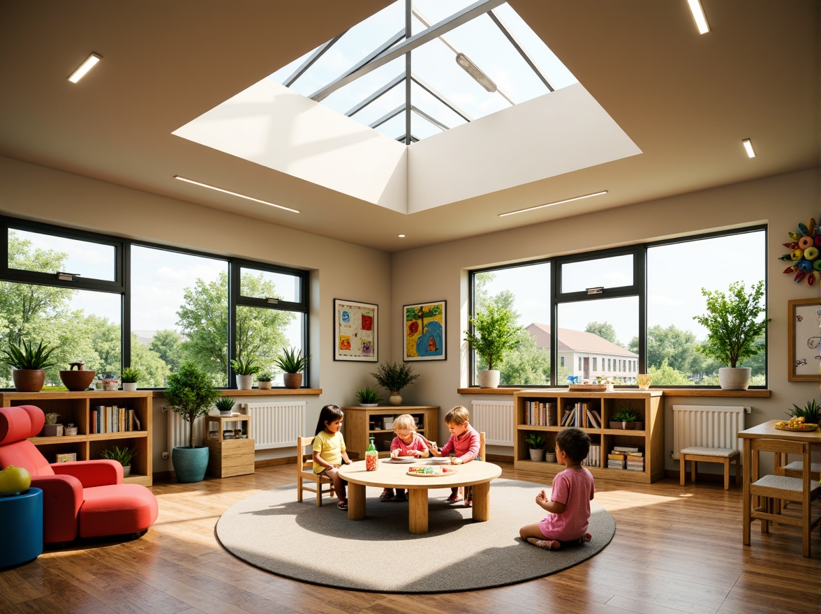 Prompt: Vibrant kindergarten, playful atmosphere, natural lighting, large windows, skylights, clerestory windows, soft warm glow, gentle shadows, colorful furniture, educational decorations, interactive play areas, reading nooks, cozy corners, wooden accents, earthy tones, organic shapes, whimsical patterns, stimulating textures, 1/1 composition, shallow depth of field, realistic rendering.