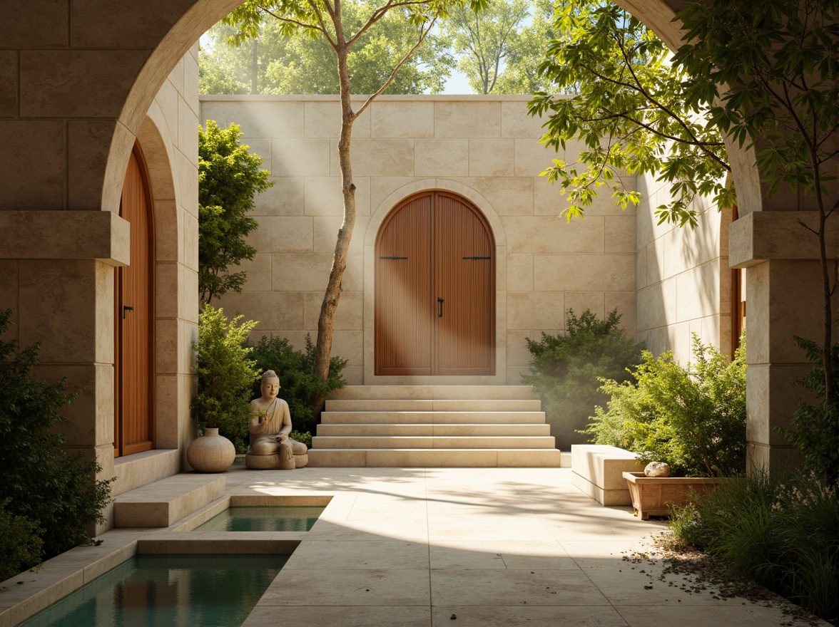 Prompt: \Ethereal temple, soft golden lighting, calming turquoise accents, natural stone walls, intricately carved wooden doors, serene water features, lush greenery, peaceful Buddha statues, minimalist decor, subtle aromas, warm beige tones, gentle archways, soft misty atmosphere, shallow depth of field, 1/1 composition, realistic textures, ambient occlusion.\