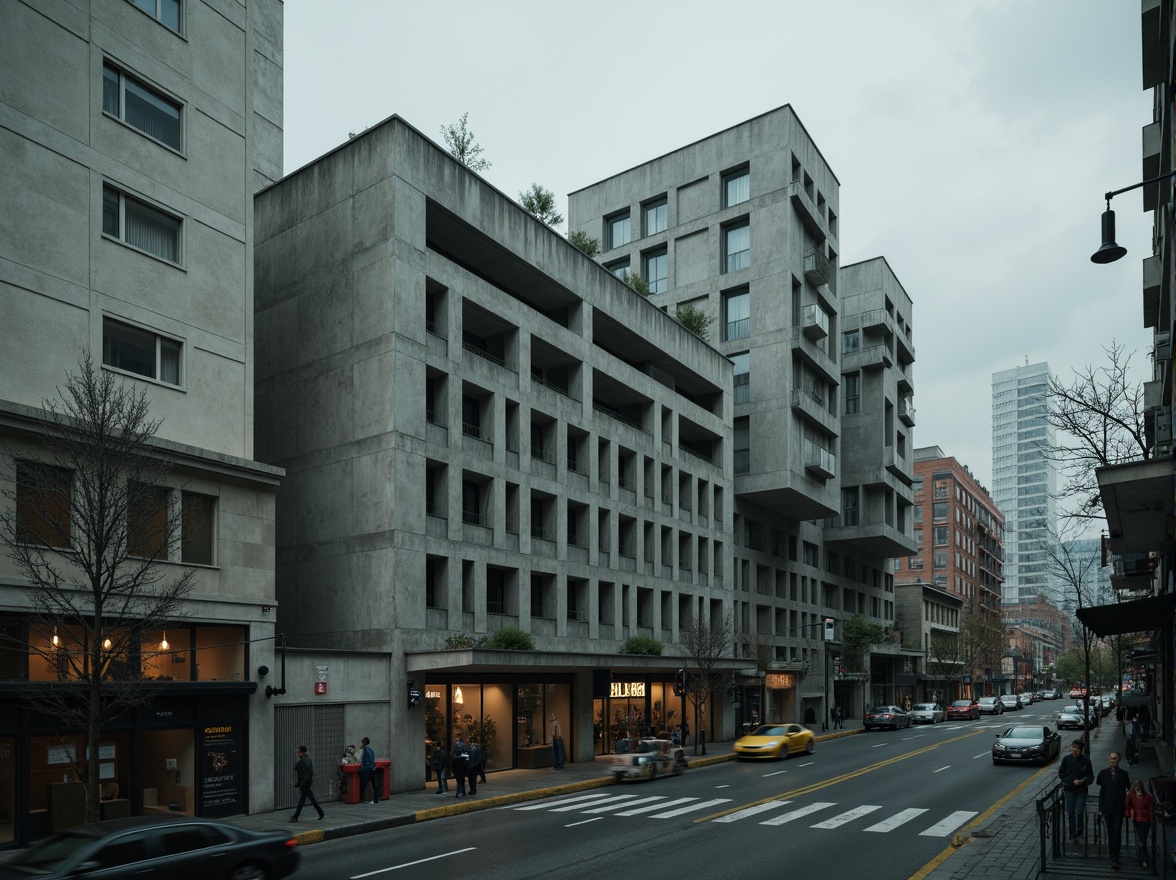 Prompt: Massive distribution center, brutalist architecture, rugged concrete walls, fortress-like structures, angular forms, geometric patterns, industrial materials, exposed ductwork, metallic beams, raw textures, urban landscape, busy streets, cityscape backdrop, dramatic lighting, high contrast shadows, cinematic composition, 1/2 framing, atmospheric fog, realistic rendering.