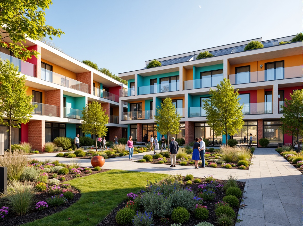 Prompt: Vibrant community center, modern social housing, bold colorful facades, geometric patterns, angular balconies, green roofs, solar panels, wind turbines, sustainable energy solutions, eco-friendly materials, innovative cooling technologies, shaded outdoor spaces, misting systems, communal gardens, playground equipment, educational signs, natural stone walkways, brick buildings, large windows, glass doors, blooming trees, sunny day, soft warm lighting, shallow depth of field, 3/4 composition, panoramic view, realistic textures, ambient occlusion.