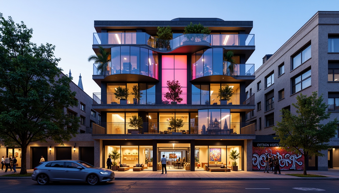 Prompt: Vibrant hostel exterior, experimental architecture, irregular shapes, bold color blocking, dynamic LED lighting, futuristic materials, translucent glass fa\u00e7ade, cantilevered balconies, asymmetrical composition, urban cityscape, bustling streets, eclectic neighborhood, artistic graffiti, industrial chic aesthetic, reclaimed wood accents, metal mesh screens, abstract patterns, 3D modeling, dramatic shadows, high-contrast lighting, wide-angle lens, shallow depth of field.