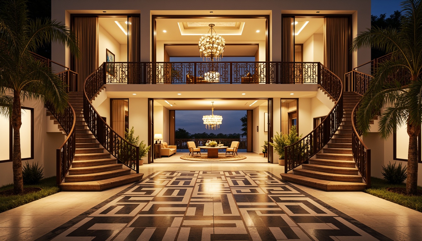 Prompt: Luxurious villa, symmetrical facade, geometric patterns, ornate metalwork, lavish decorations, opulent furnishings, grand entrance, sweeping staircases, elegant chandeliers, rich textiles, bold color schemes, metallic accents, sleek lines, minimalist ornamentation, refined proportions, balanced composition, central axis, radial symmetry, 1/1 aspect ratio, low-angle shot, warm golden lighting, soft focus, subtle shadows.