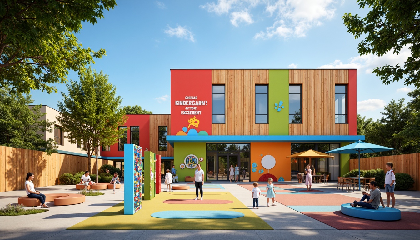 Prompt: Vibrant kindergarten facade, bold color blocks, playful geometric shapes, modernist architecture, large windows, sliding glass doors, natural wood accents, educational signage, whimsical murals, interactive outdoor spaces, climbing walls, sensory play areas, soft rubber flooring, circular benches, shade-providing canopies, warm sunny day, shallow depth of field, 1/1 composition, realistic textures, ambient occlusion.