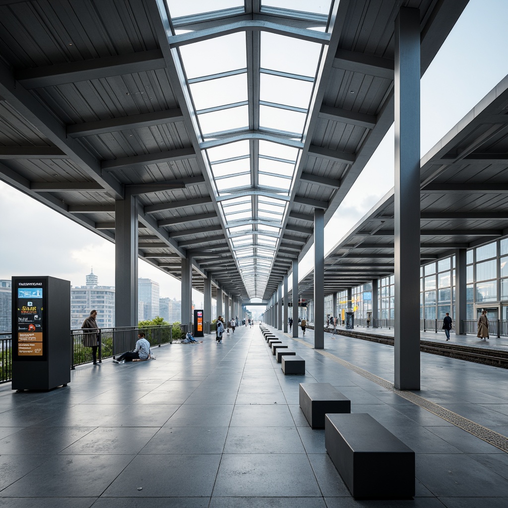 Prompt: Sleek transportation hub, minimalist architecture, clean lines, monochromatic color scheme, polished metal surfaces, glass roofs, natural light, airy atmosphere, sparse furniture, modern benches, subtle branding, digital information displays, efficient navigation systems, calm ambiance, soft indirect lighting, shallow depth of field, 1/1 composition, realistic reflections, ambient occlusion.